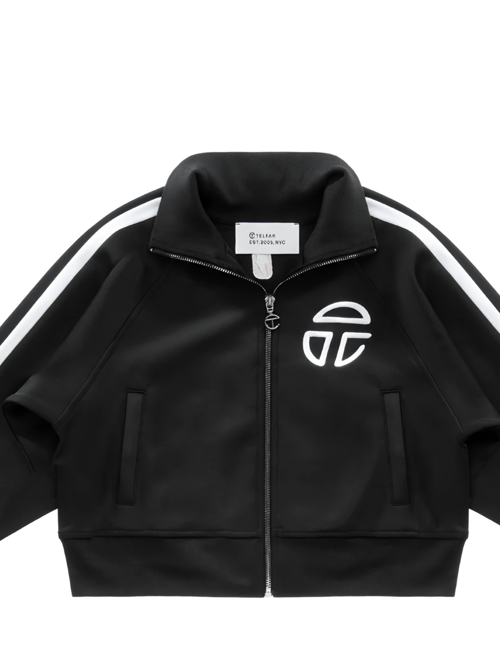 Telfar Black Cropped Bomber Jacket with White Stripes - Picture 2 of 7